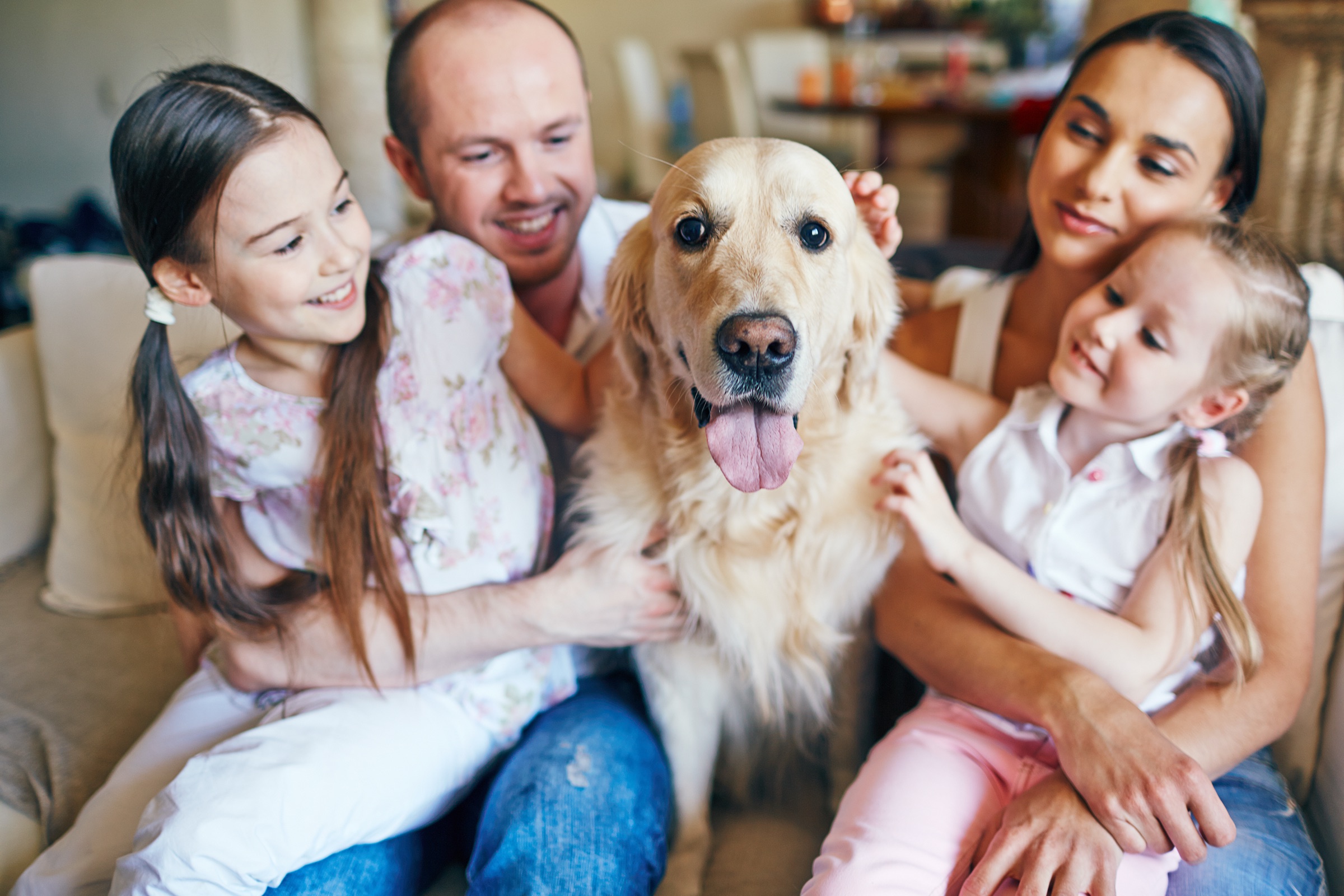 A family cuddling together indoors with their golden retriever
